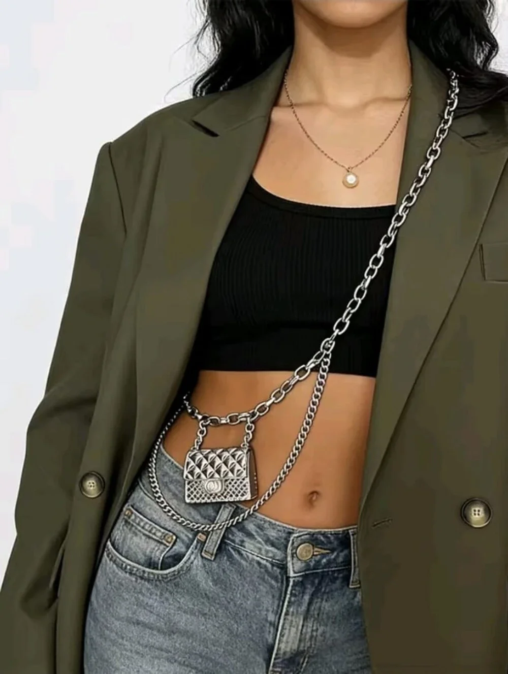 Silver Double Chain Belt with Quilted Purse Charm